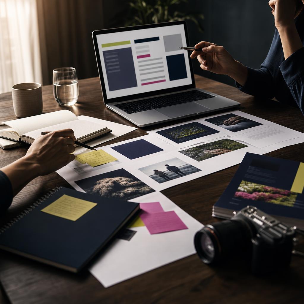 A communications workspace with a laptop, evidence materials, notebooks, and a camera