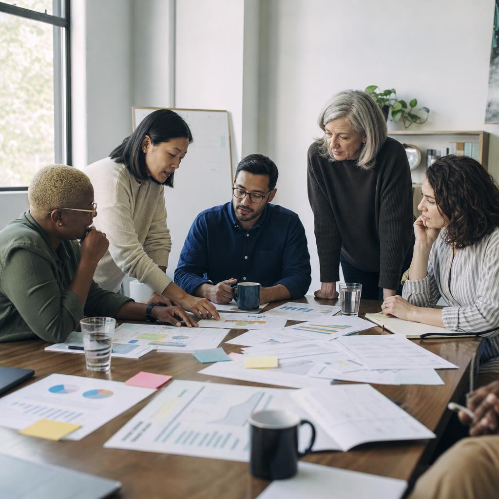 A diverse leadership team reviewing reports and evidence together