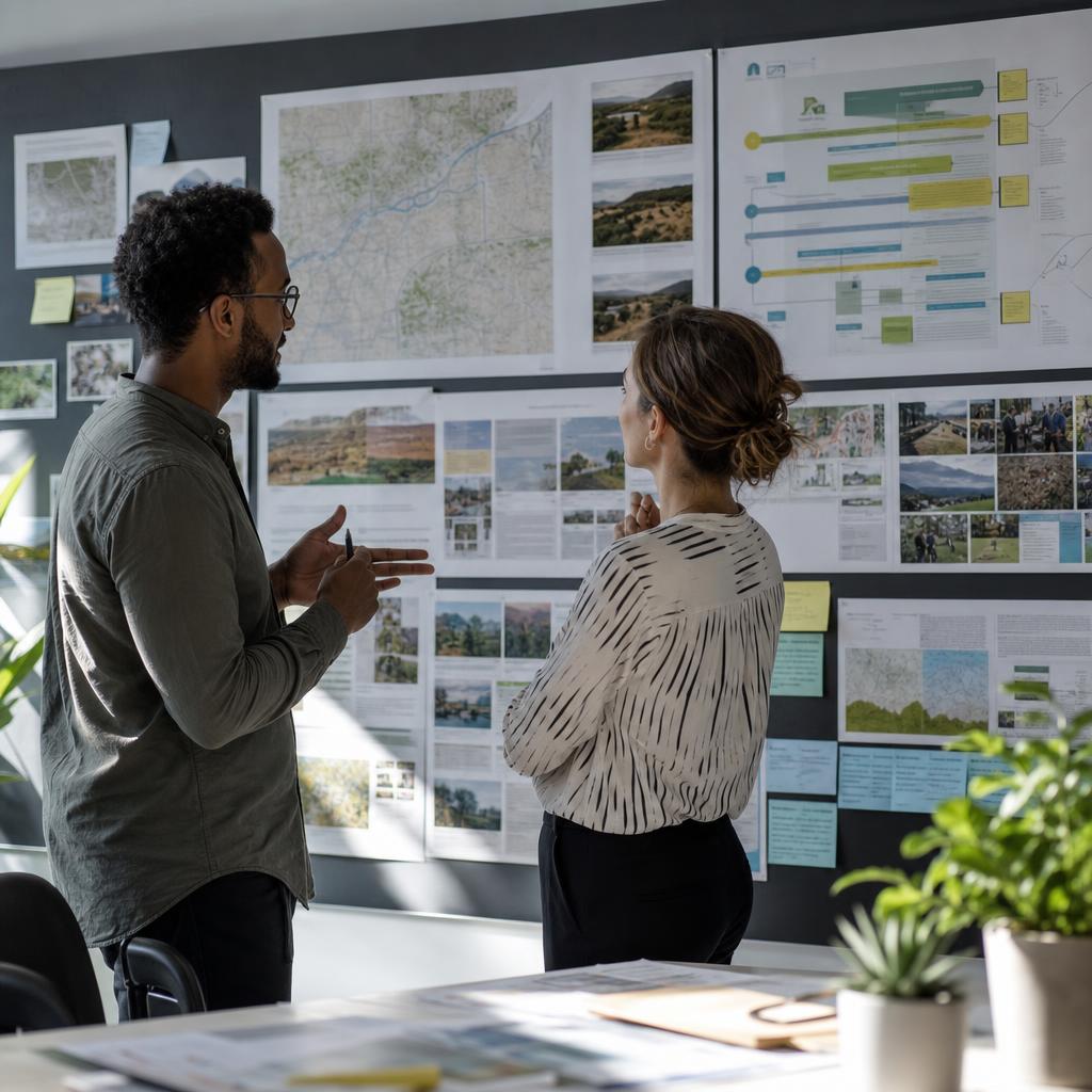 Two practitioners reviewing a wall of portfolio plans and evidence
