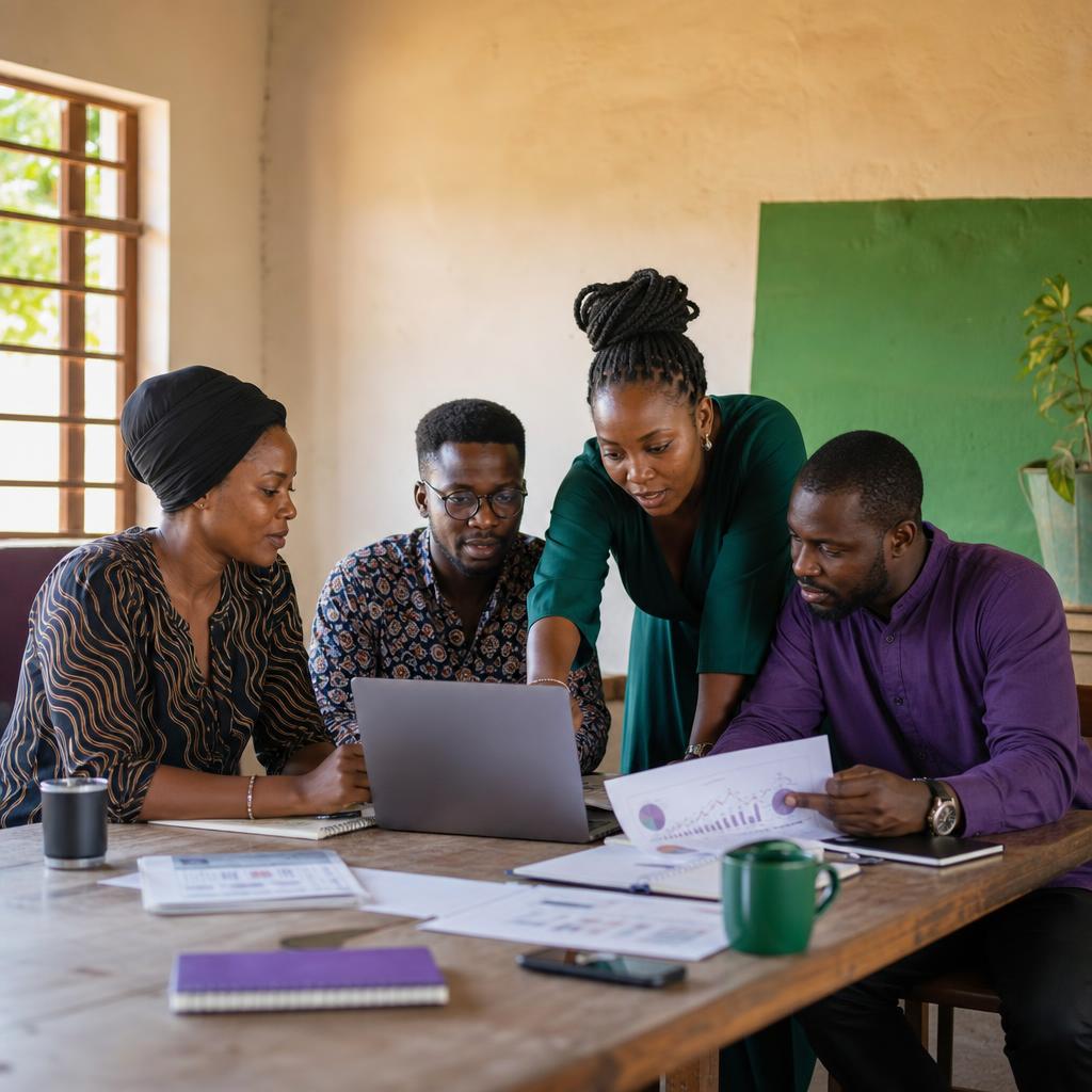 A nonprofit leadership team collaborating around a laptop and printed evidence